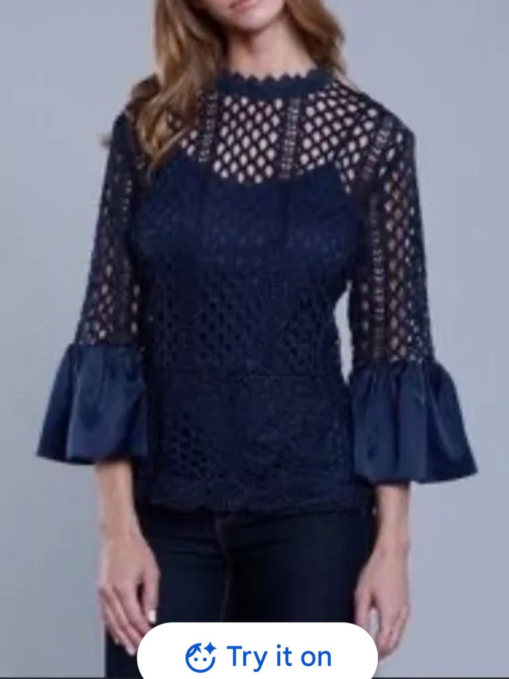 Dolce Cabo Women's Navy Crochet Lace Bell-Sleeve Top